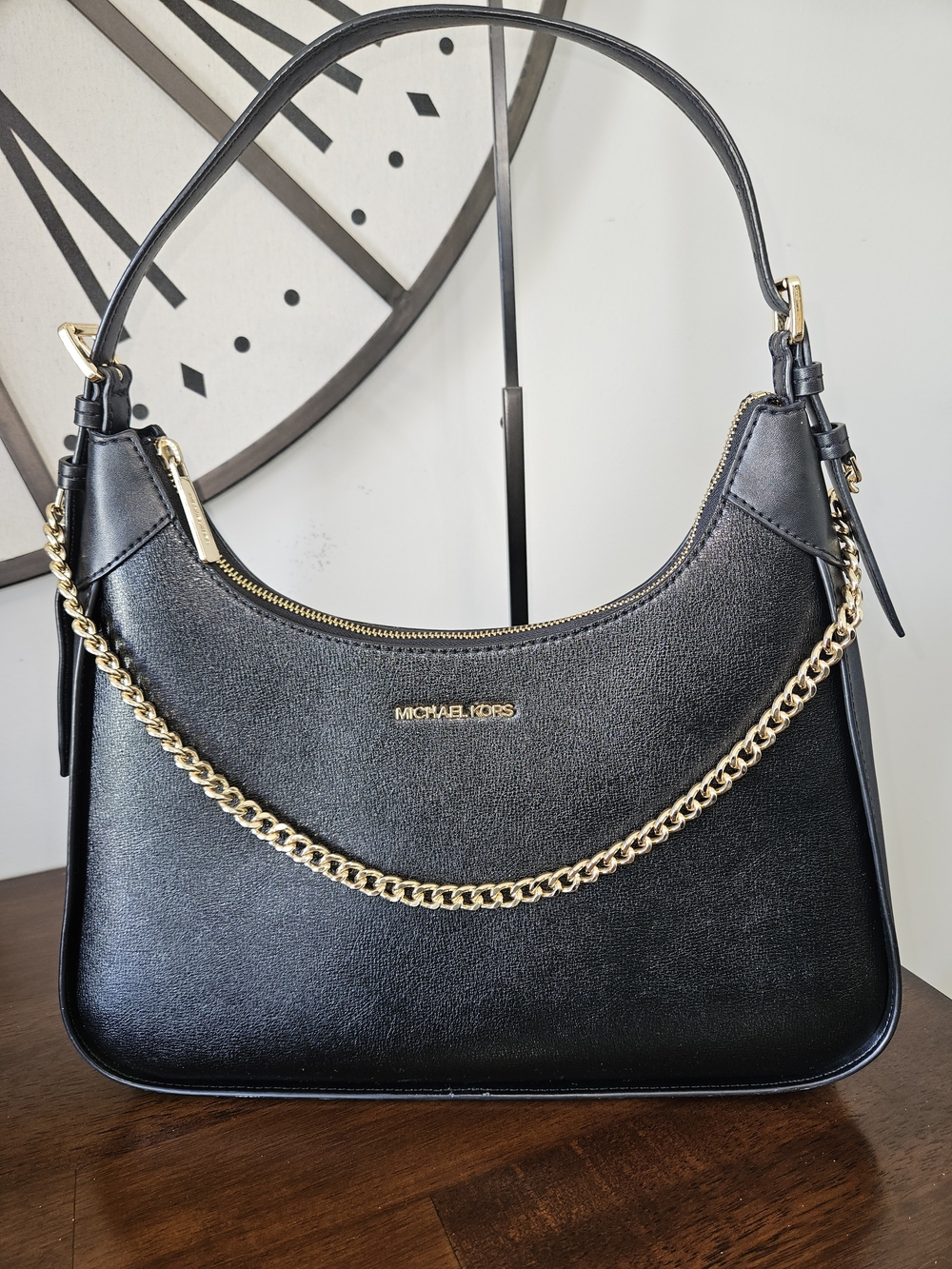 Michael Kors Black Leather Shoulder Bag with Gold Chain